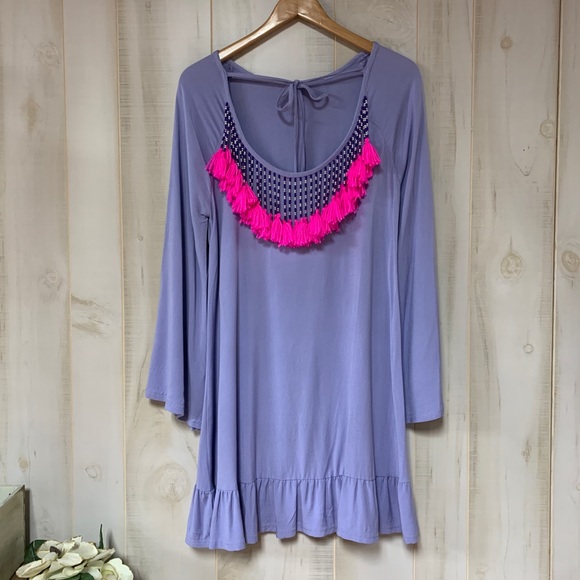 Philosophy Blue Ruffle Beaded Back Dress Boho - Picture 3 of 9